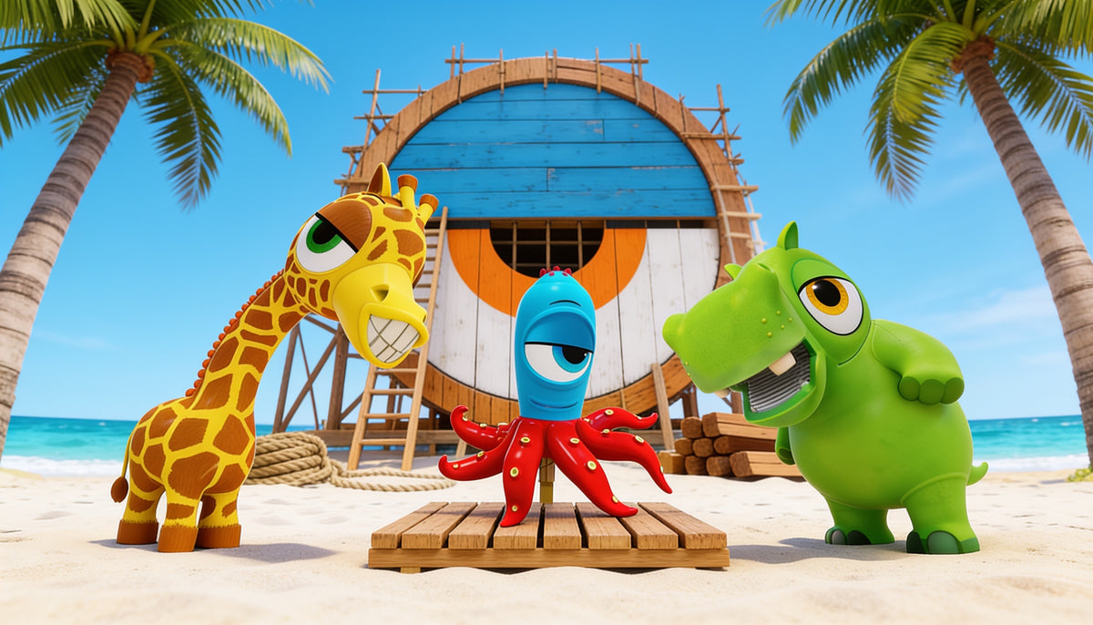 Stretch the Giraffe, Phillip the Octopus and Chomp the Hippo on the beach in Handyville