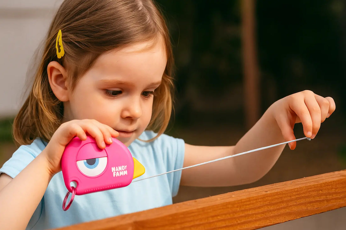 cute girl using pink tape measure
