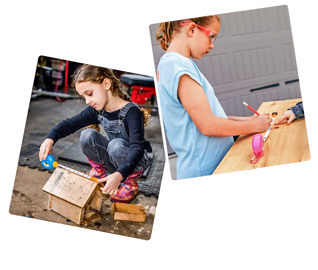 Polaroid photos of girls measuring and building with HandyFamm bird tape measures