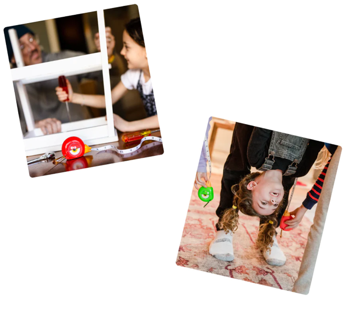 Polaroid photos of family building together and child playing with HandyFamm bird tape measures
